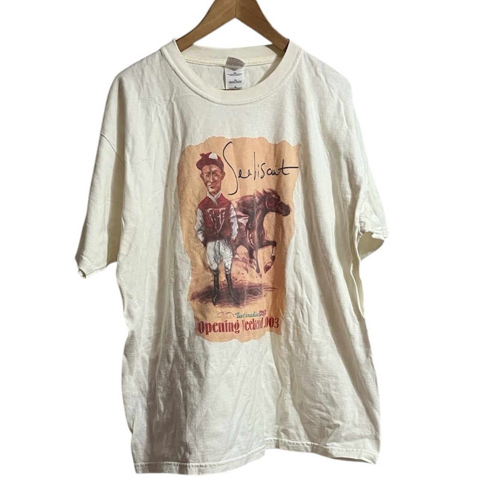 Sea Biscuit Gildan Cream Graphic Tee Sz XL Equestrian Design